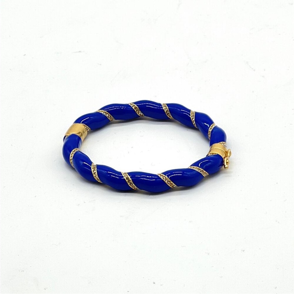 CLARE V Gold Plated and Enamel Rope Bangle Bracelet Blue Rhinestone Crystal NWOT - Picture 6 of 11